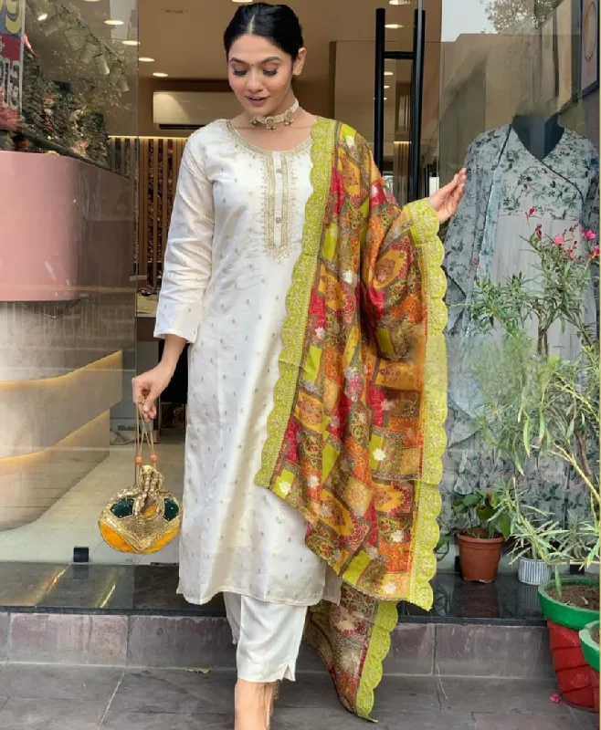 NOZ2TOZ Women Party Wear Embroidery Worked Kurta With Pant And Dupatta Set - Off White Relaxed Casual Leggings NOZ2TOZ Women Party Wear Embroidery Worked Kurta With Pant And Dupatta Set - Off White Relaxed Casual Leggings