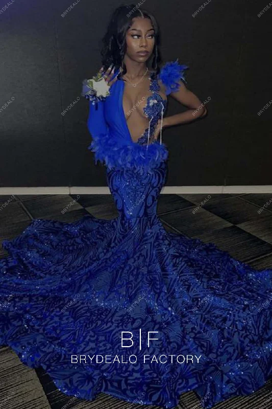 Royal Blue Sequin Feathers One Shoulder Mermaid Long Train Prom Dress Tunics Handmade artisanal Royal Blue Sequin Feathers One Shoulder Mermaid Long Train Prom Dress Tunics Handmade artisanal