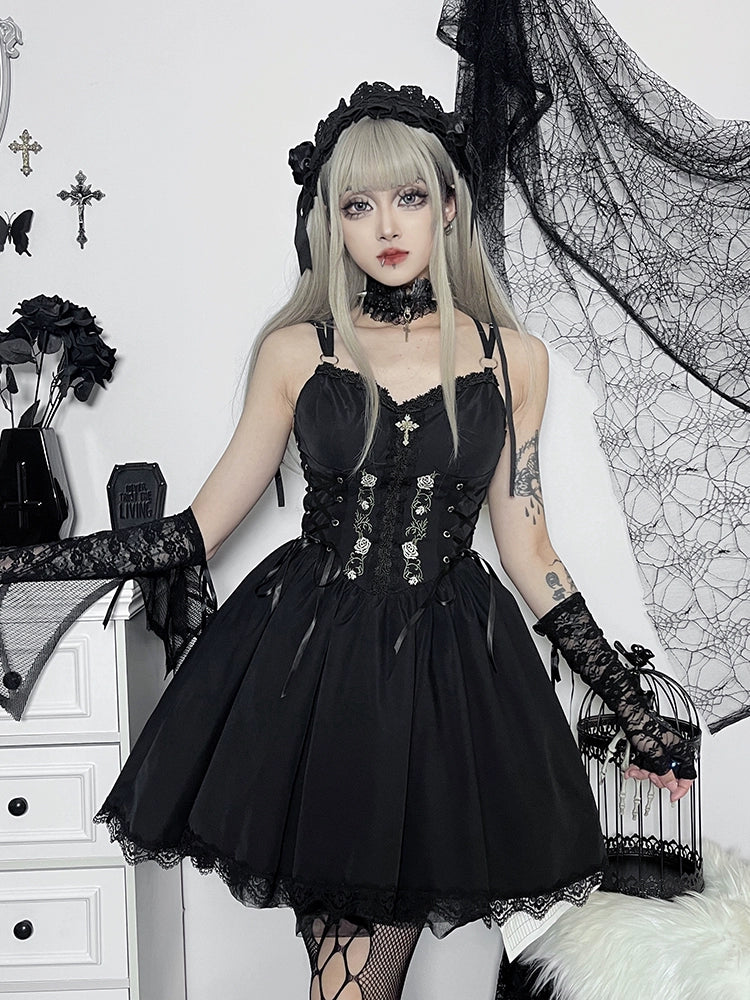 Wannathis Gothic Lolita Dress Set - Black Corset Mini Dress With Lace Bolero And Gloves Trendy A-Line Mini Dress Wannathis Gothic Lolita Dress Set - Black Corset Mini Dress With Lace Bolero And Gloves Trendy A-Line Mini Dress