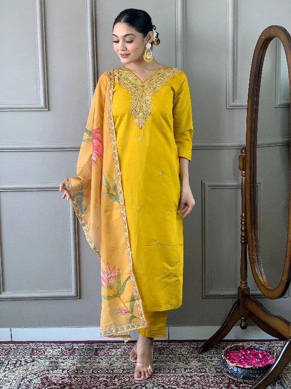 NOZ2TOZ Women Party Wear Embroidery Worked Kurta With Pant And Dupatta Set - Mustard Elegant Palazzo Trousers