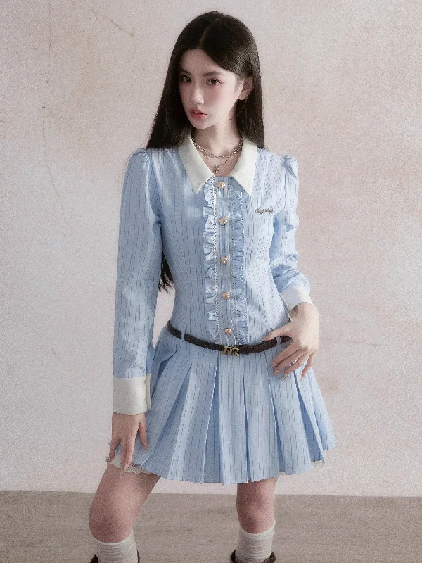 Vintage-Inspired Ruffled Chambray Mini Dress with Belt Trendy Cut-Out Mini Dress