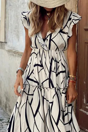 Geometric Printing Stringy Selvedge V Neck Irregular Dress Dresses Tunics Stylish elegant Geometric Printing Stringy Selvedge V Neck Irregular Dress Dresses Tunics Stylish elegant