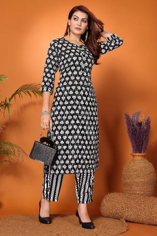 NOZ2TOZ Women Party Wear Printed Rayon Kurta With Pant Set - Black & White Cozy Knit Pants NOZ2TOZ Women Party Wear Printed Rayon Kurta With Pant Set - Black & White Cozy Knit Pants