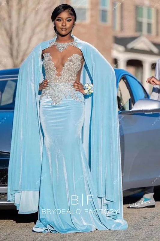 Sky Blue Velvet Mermaid Rhinestones Long Prom Dress with Cape Tunics Bestseller popular Sky Blue Velvet Mermaid Rhinestones Long Prom Dress with Cape Tunics Bestseller popular
