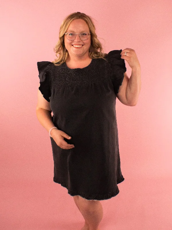 Faye Distressed Black Flutter Sleeve Dress Off-the-shoulder Chic Trendy
