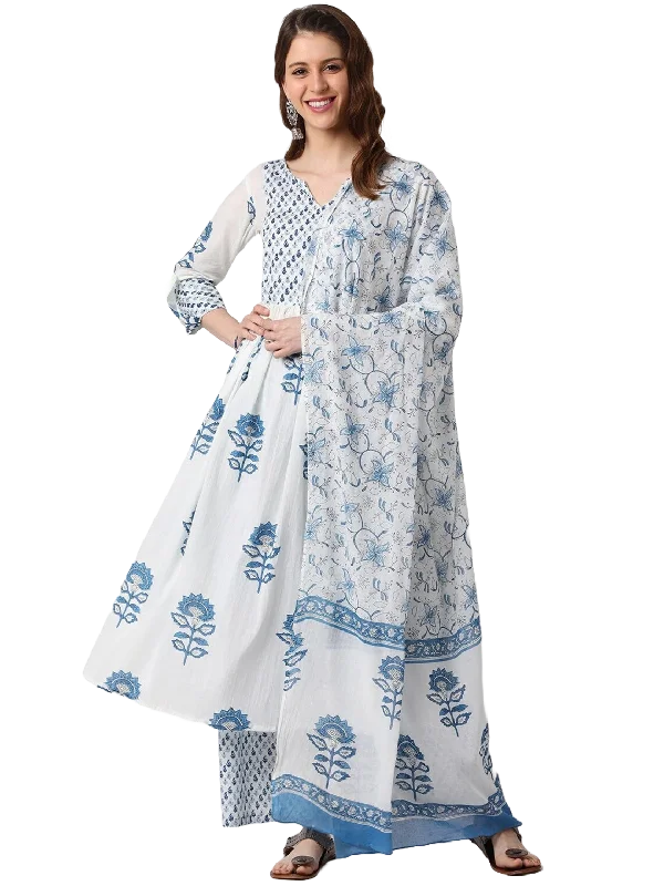 NOZ2TOZ Women White Printed Pure Cotton Kurta, Pant And Dupatta Set Comfortable Wide-Leg Pants NOZ2TOZ Women White Printed Pure Cotton Kurta, Pant And Dupatta Set Comfortable Wide-Leg Pants