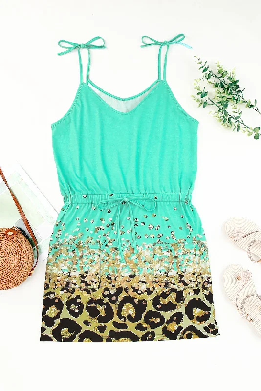 Leopard Tie-Shoulder Drawstring Waist Dress Tunics Brand named