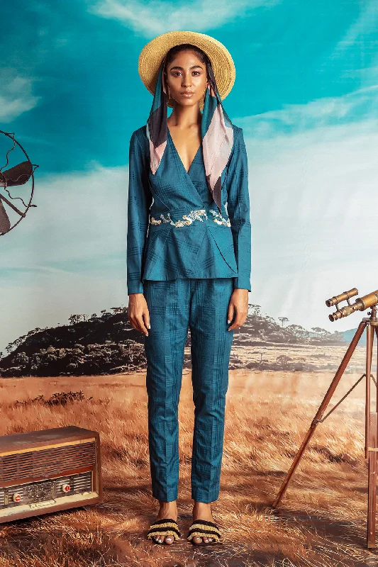 Teal Checks Jacket with Belt and Teal Checks Pants Trendy Palazzo Pants