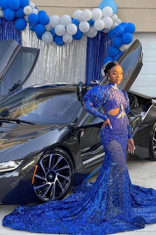 Royal Blue Sequin Sheer Bishop Sleeve Designer long Train Prom Dress Tunics Prom sequined Royal Blue Sequin Sheer Bishop Sleeve Designer long Train Prom Dress Tunics Prom sequined