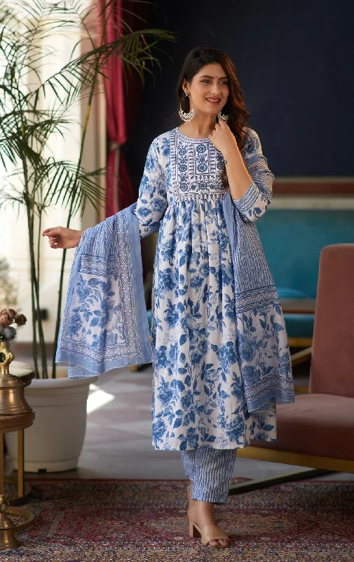 NOZ2TOZ Women White, Blue Floral Print Viscose Rayon Kurta, Pant And Dupatta Set Cozy Knit Pants NOZ2TOZ Women White, Blue Floral Print Viscose Rayon Kurta, Pant And Dupatta Set Cozy Knit Pants