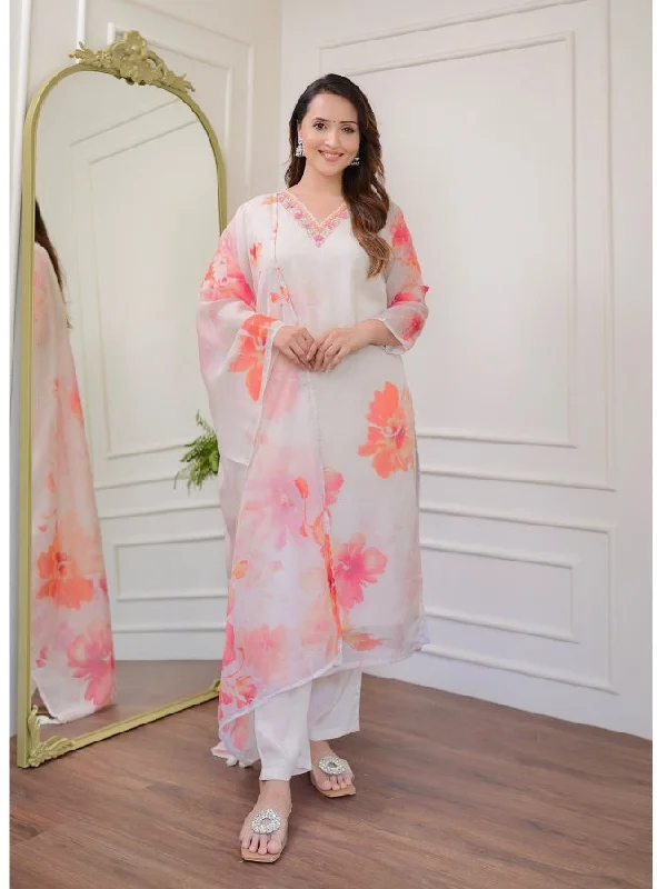 NOZ2TOZ Women Party Wear Flower Printed Designer Kurta With Pant And Dupatta Set - White Classic Stretch Pants NOZ2TOZ Women Party Wear Flower Printed Designer Kurta With Pant And Dupatta Set - White Classic Stretch Pants