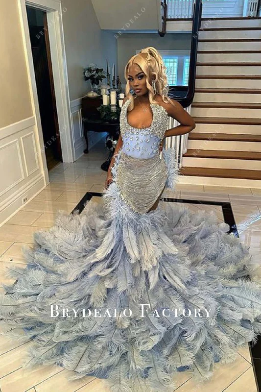 Grey Big Feathers Long Train Trumpet Crystals Blue Prom Dress Tunics Office stylish