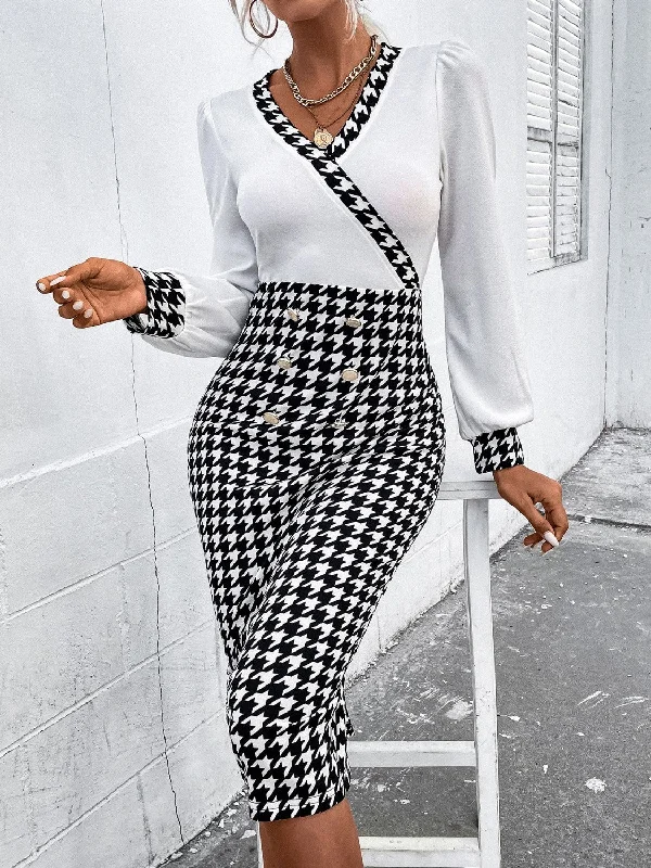 Houndstooth Long Sleeve Slit Dress Tunics Business professional