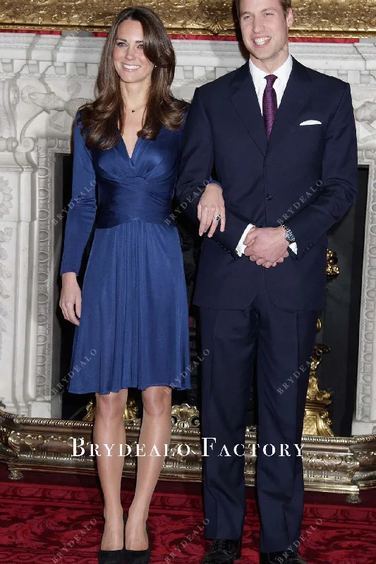 Kate Middleton Navy V-neck Knee Length Engagement Dress Tunics Fashionable chic