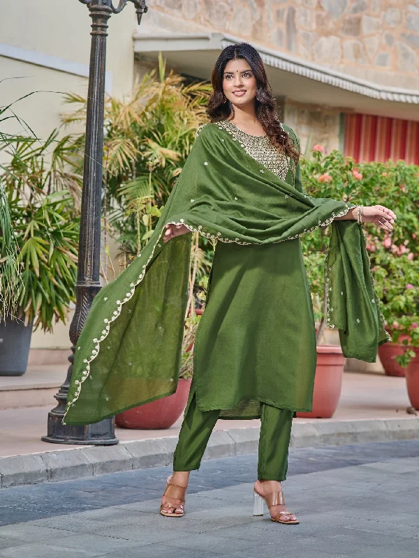 NOZ2TOZ Women Party Wear Embroidery Worked Kurta With Pant And Dupatta Set - Mahendi Trendy Wide-Legged Trousers NOZ2TOZ Women Party Wear Embroidery Worked Kurta With Pant And Dupatta Set - Mahendi Trendy Wide-Legged Trousers