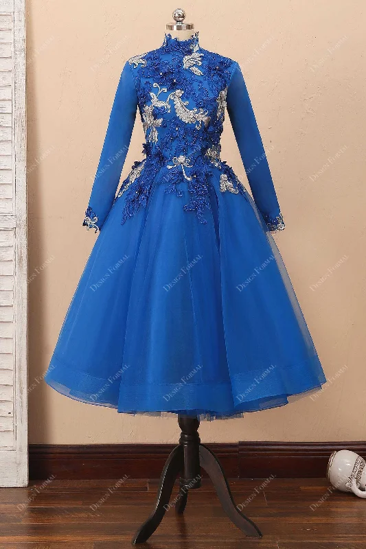 Royal Blue 3D Lace Tea-length Evening Prom Dress Crew Neckline Sporty