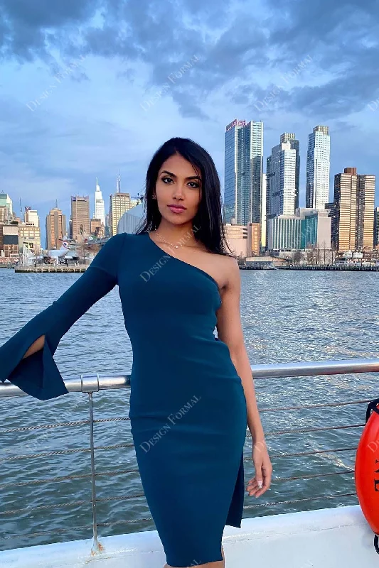 Navy Slit One Sleeve Bodycon Knee Length Custom Dress Tunics Luxurious high-end