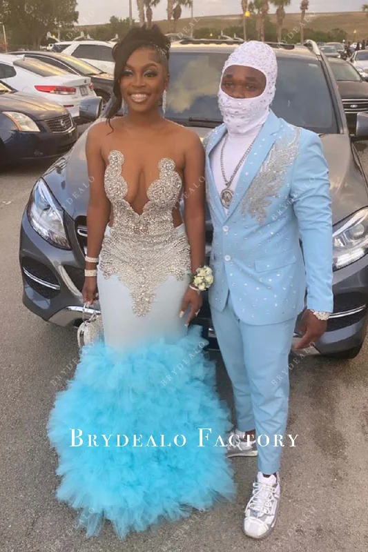 Plunging Neck Rhinestones Sky Blue Tiered Trumpet Maxi Prom Dress Tunics Travel practical Plunging Neck Rhinestones Sky Blue Tiered Trumpet Maxi Prom Dress Tunics Travel practical