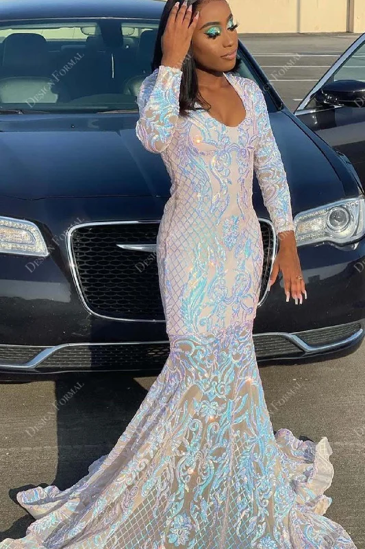 Iridescent Sequin Mermaid Long Sleeve Tailor Made Prom Dress Tunics Custom made