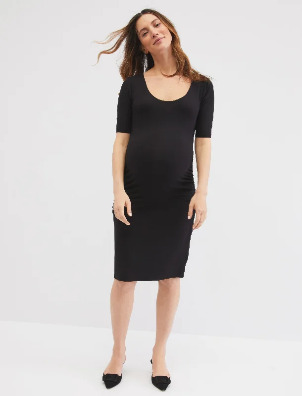 Short Sleeve Scoop Neck Side Ruched Dress Turtleneck Warm Winter