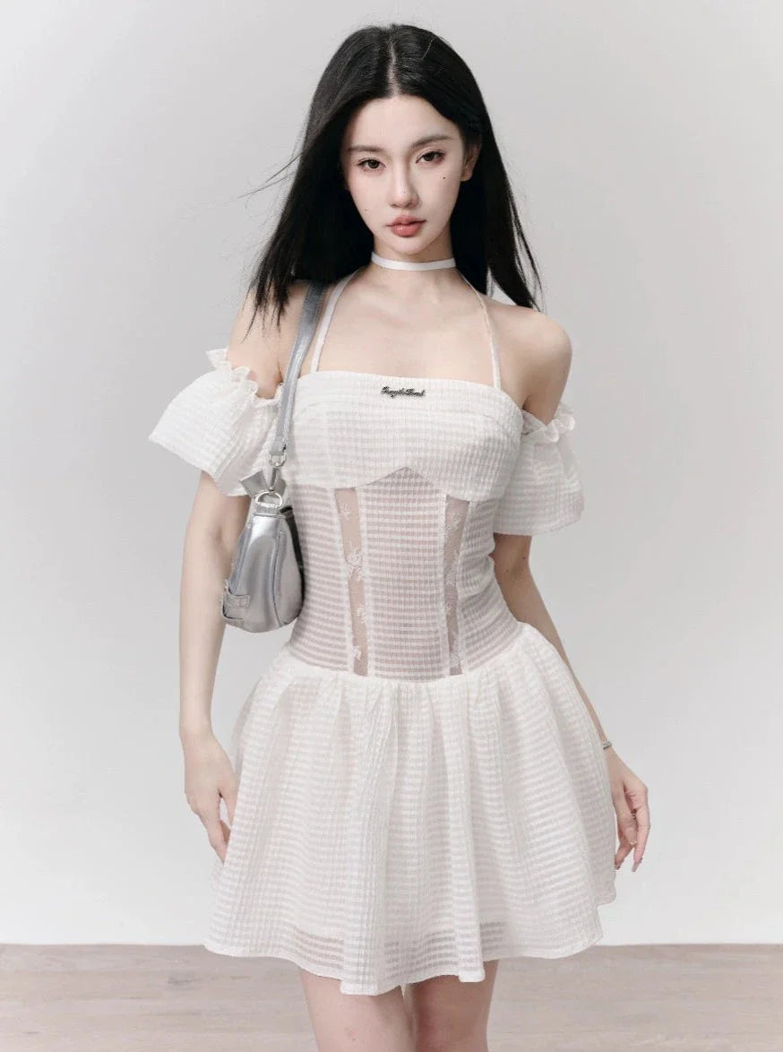 White Eyelet Lace Off-Shoulder Mini Dress with Choker Neck Detail Trendy Camisole Mini Dress White Eyelet Lace Off-Shoulder Mini Dress with Choker Neck Detail Trendy Camisole Mini Dress