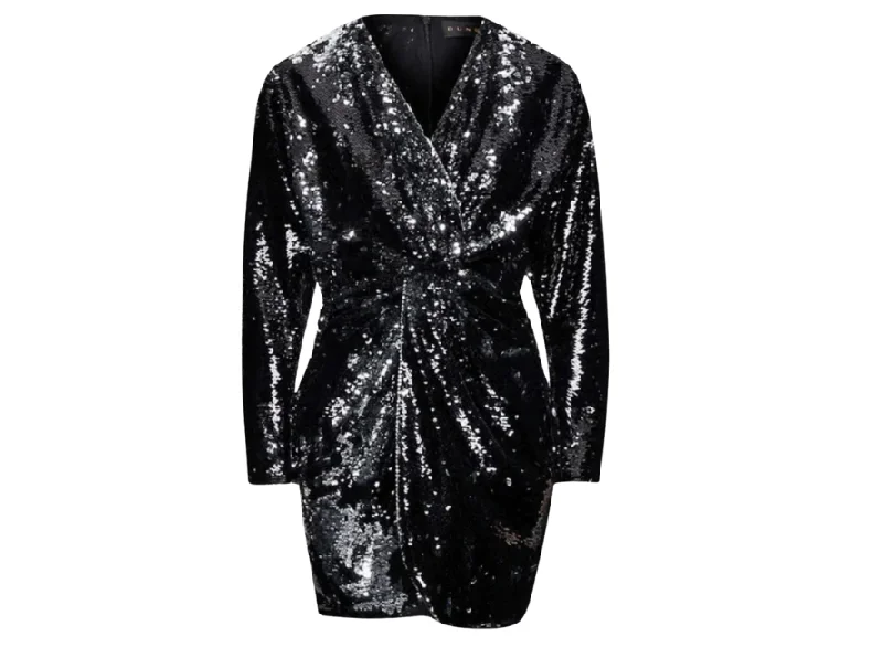 Dundas Black Sequin Cocktail Mini Dress Cozy Wraparound Mini Dress