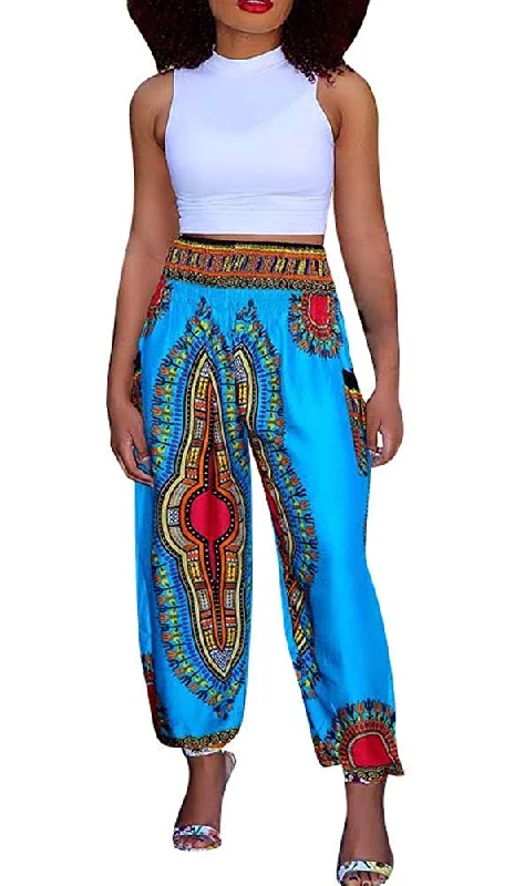 Women's Afrikan Dashiki Floral Casual Loose Baggy Pants Relaxed High-Waist Trousers
