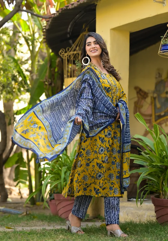 NOZ2TOZ Women Yellow And Blue Printed Viscose Rayon Kurta, Pant And Dupatta Set Cozy Fitted Pants