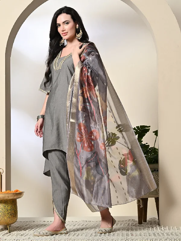 Myshka Women's Solid V-Neck Bell Sleeves Kurta & Dhoti Pants With Printed Dupatta Sets in Grey Color Casual Yoga Pants Myshka Women's Solid V-Neck Bell Sleeves Kurta & Dhoti Pants With Printed Dupatta Sets in Grey Color Casual Yoga Pants