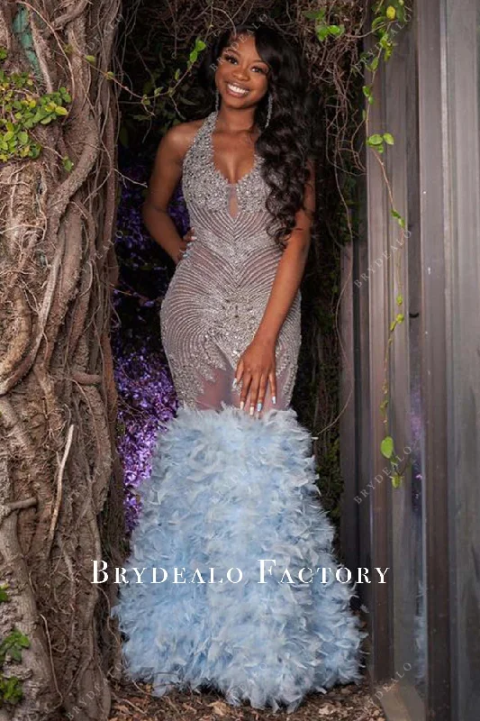 Sparkly Rhinestones Sleeveless Sky Blue Feathers Trumpet Prom Dress Tunics Business professional Sparkly Rhinestones Sleeveless Sky Blue Feathers Trumpet Prom Dress Tunics Business professional