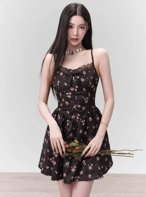 Floral Lace-Trim Spaghetti Strap Mini Dress in Black Cozy Ribbed Mini Dress