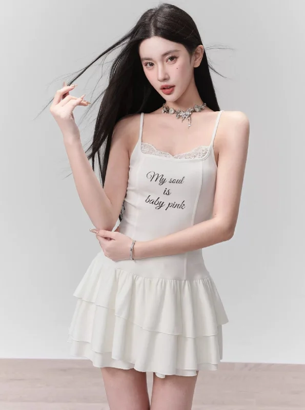 White Ruffled Spaghetti Strap Mini Dress with Slogan Print Elegant Off-Shoulder Dress Mini