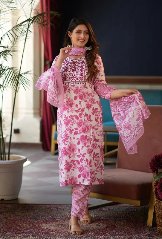NOZ2TOZ Women Pink, White Floral Print Viscose Rayon Kurta, Pant And Dupatta Set Fashionable Jogger Pants NOZ2TOZ Women Pink, White Floral Print Viscose Rayon Kurta, Pant And Dupatta Set Fashionable Jogger Pants