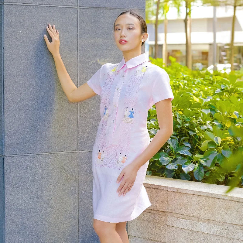 Light Pink Short Sleeves Linen Dress w/Pitchera Tinikling Embroidery Tunics Canvas sturdy Light Pink Short Sleeves Linen Dress w/Pitchera Tinikling Embroidery Tunics Canvas sturdy