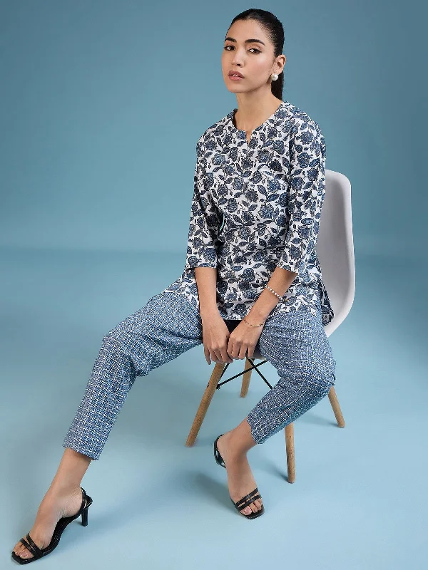 NOZ2TOZ Women Party Wear Flower Printed Co-Ord Set With Pant - White Casual Track Pants NOZ2TOZ Women Party Wear Flower Printed Co-Ord Set With Pant - White Casual Track Pants