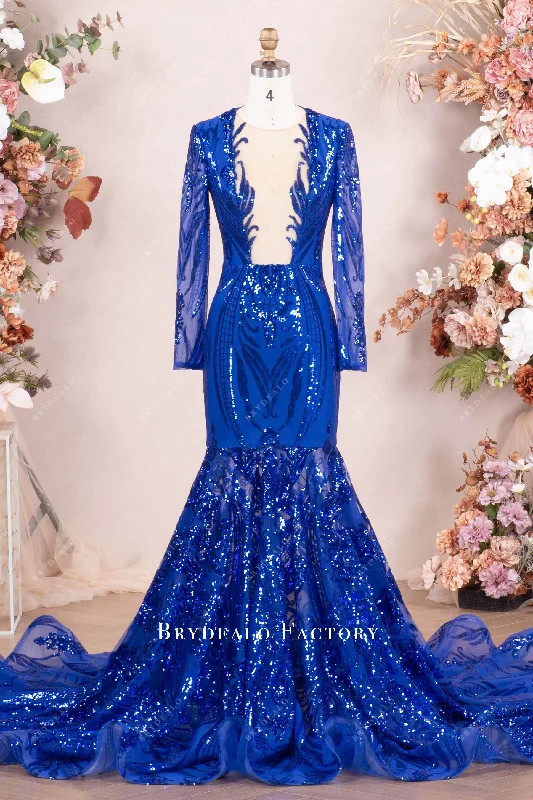 Sparkly Royal Blue Sequin Long Sleeve Mermaid Prom Dress Tunics Mesh breathable