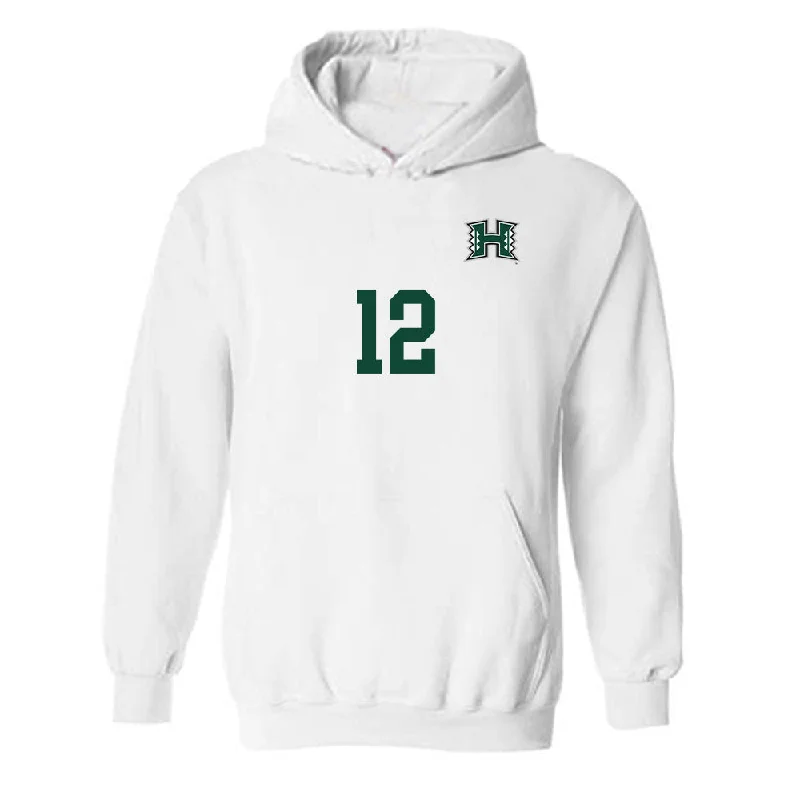 Hawaii - NCAA Women's Soccer : Krista Peterson - White Replica Shersey Hooded Sweatshirt Hoodie with Hem Ribbing Snug Secure Hawaii - NCAA Women's Soccer : Krista Peterson - White Replica Shersey Hooded Sweatshirt Hoodie with Hem Ribbing Snug Secure