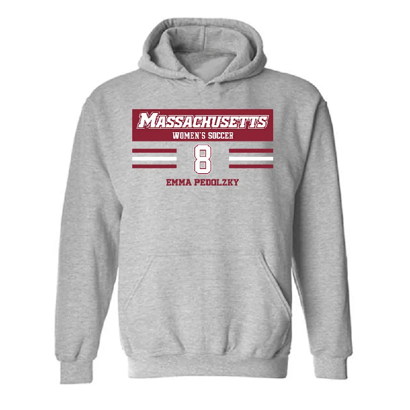 UMass - NCAA Women's Soccer : Emma Pedolzky - Hooded Sweatshirt Classic Fashion Shersey Hoodie with Raw Hem Edgy Unfinished UMass - NCAA Women's Soccer : Emma Pedolzky - Hooded Sweatshirt Classic Fashion Shersey Hoodie with Raw Hem Edgy Unfinished