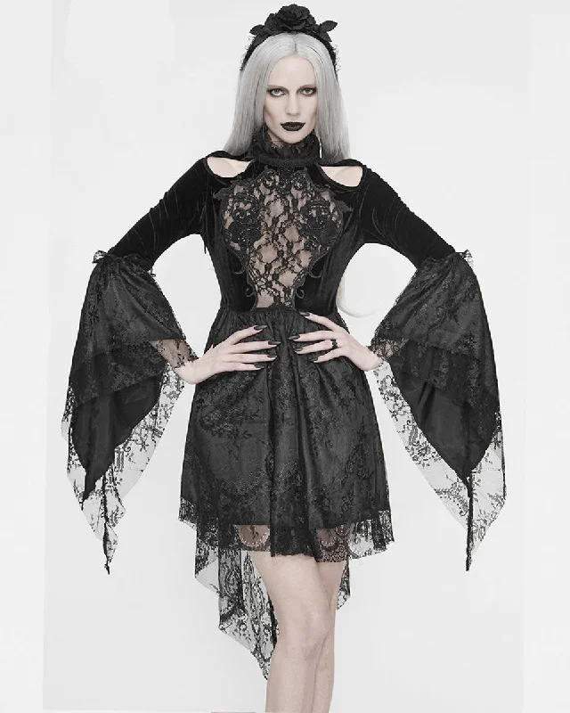 Eva Lady Arabella's Conflict Womens Beaded Gothic Mini Dress - Black Velvet & Lace Trendy A-Line Mini Dress
