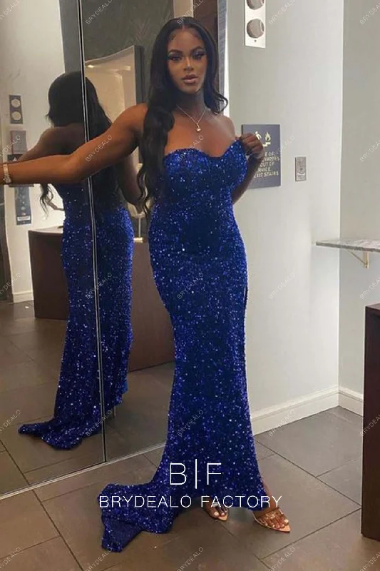 Best Royal Blue Sequins Strapless Slit Fit and Flare Prom Dress Tunics Sophisticated sleek Best Royal Blue Sequins Strapless Slit Fit and Flare Prom Dress Tunics Sophisticated sleek