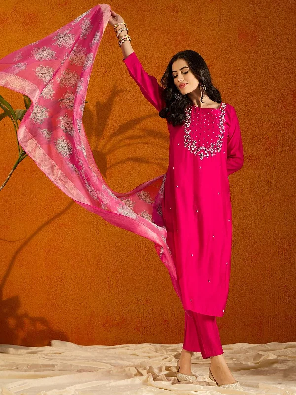 NOZ2TOZ Women Party Wear Embroidery Worked Kurta With Pant And Dupatta Set - Pink Relaxed Casual Leggings NOZ2TOZ Women Party Wear Embroidery Worked Kurta With Pant And Dupatta Set - Pink Relaxed Casual Leggings