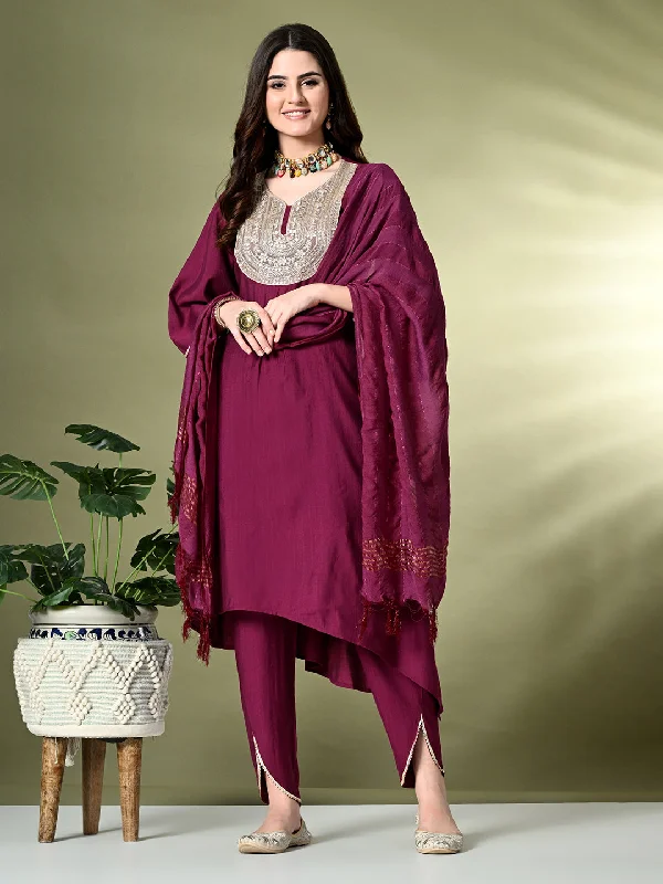 Myshka Women's Embroidered V-Neck Bell Sleeves Kurta & Dhoti Pants With Dupatta Sets in Magenta Color Formal Stretch Pants Myshka Women's Embroidered V-Neck Bell Sleeves Kurta & Dhoti Pants With Dupatta Sets in Magenta Color Formal Stretch Pants