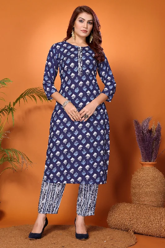 NOZ2TOZ Women Blue And White Printed Viscose Rayon Kurta, Pant Comfy Athletic Pants