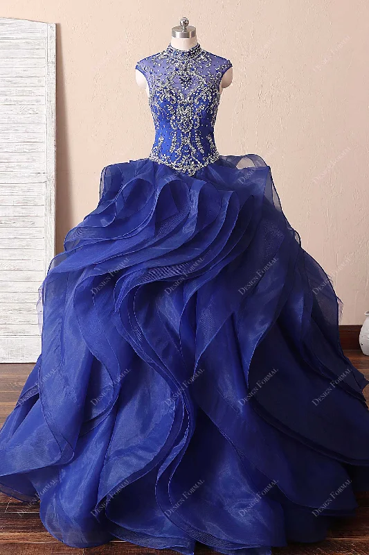 Royal Blue Ruffled Organza Crystal Quince Dress Tunics Luxurious high-end