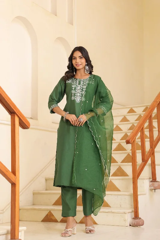 NOZ2TOZ Women Party Wear Embroidery Worked Kurta With Pant And Dupatta Set - Green Fashionable Button-Up Pants NOZ2TOZ Women Party Wear Embroidery Worked Kurta With Pant And Dupatta Set - Green Fashionable Button-Up Pants