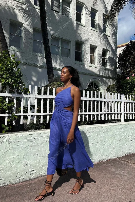 Blue Ruched Strappy Open Back Designer Tea Length Prom Dress Tunics Stylish elegant