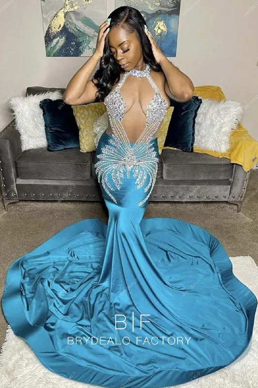 Sparkly Rhinestones Halter Neck Spandex Mermaid Long Train Prom Dress Tunics Ceremony elegant Sparkly Rhinestones Halter Neck Spandex Mermaid Long Train Prom Dress Tunics Ceremony elegant