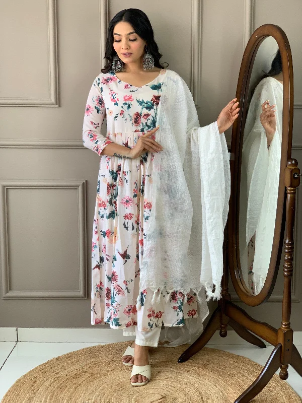NOZ2TOZ Women Party Wear Printed Kurta With Pant And Dupatta Set - Off White Cozy Full-Length Pants NOZ2TOZ Women Party Wear Printed Kurta With Pant And Dupatta Set - Off White Cozy Full-Length Pants