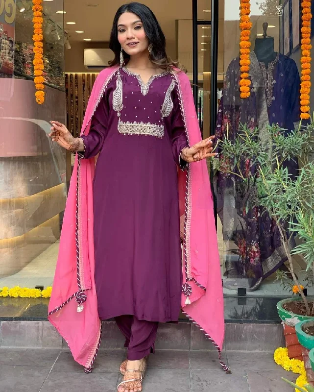 NOZ2TOZ Women Party Wear Embroidery Worked Kurta With Pant And Dupatta Set - Wine Elegant Silk Pants NOZ2TOZ Women Party Wear Embroidery Worked Kurta With Pant And Dupatta Set - Wine Elegant Silk Pants