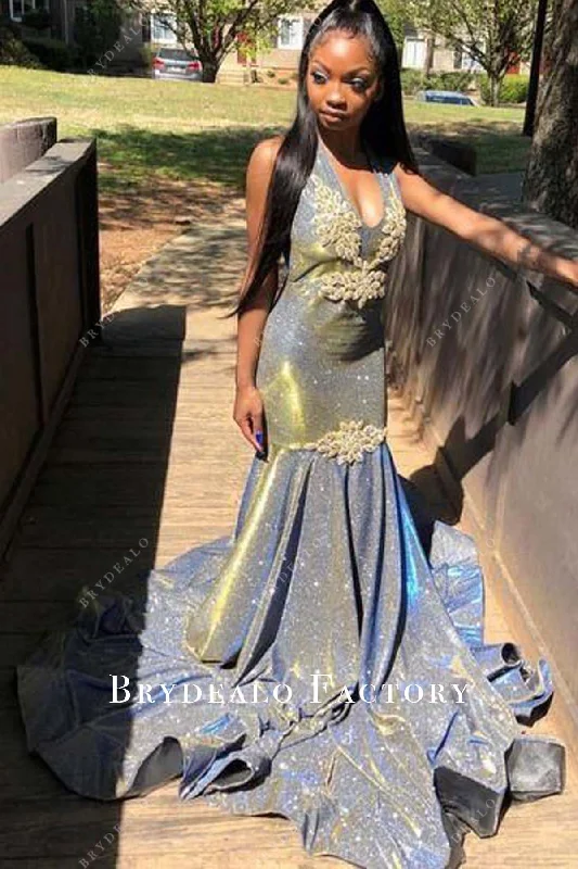 Ombre Blue Halter Neck Glitter Long Train Mermaid Prom Dress empire Waist empire